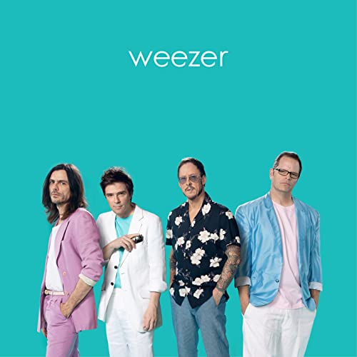 Weezer band members in pastel suits on a teal background.