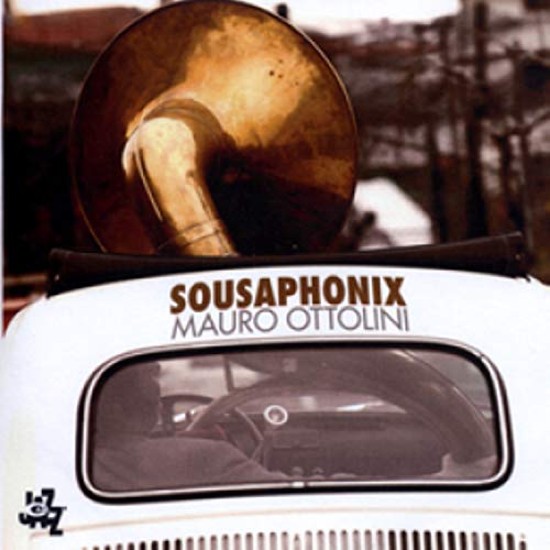 CD cover featuring a brass sousaphone and a vintage car’s windshield.