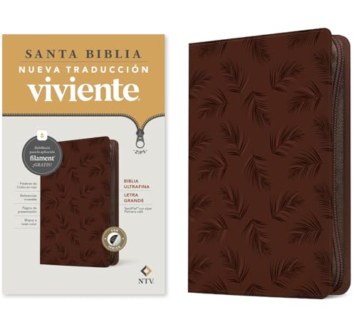 Biblia ultrafina NTV, letra grande de ziper con Filament (SentiPiel, Palmera cafe, Indice, Letra Roja)