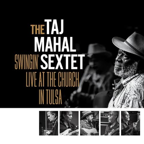 Album cover featuring Taj Mahal in a hat with band members in black-and-white photos.