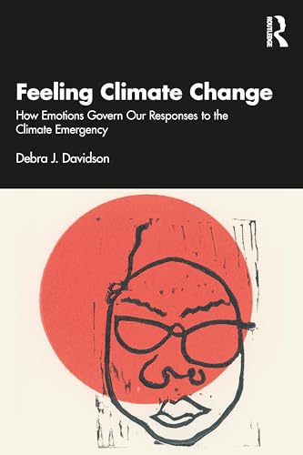 Book cover: "Feeling Climate Change" with red circle and sketched face.