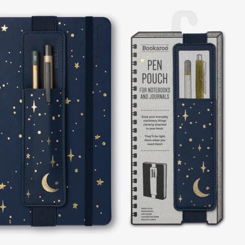 Dark blue pen pouch with moon and star design, shown open and closed.