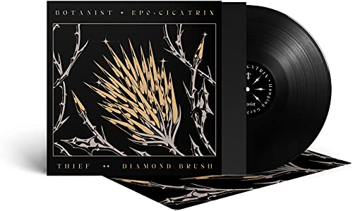 Vinyl record with black cover featuring gold thorn and diamond-shaped plant design.