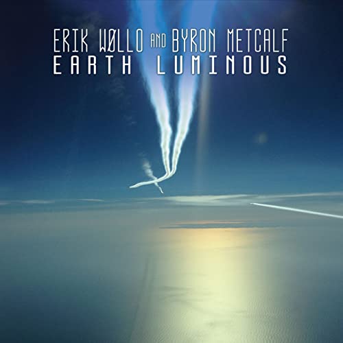 CD cover for “Earth Luminous” by Erik Wollo, Byron Metcalfe, blue and white.