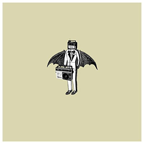 Bearded figure with a box for a head, wearing a suit and wings.