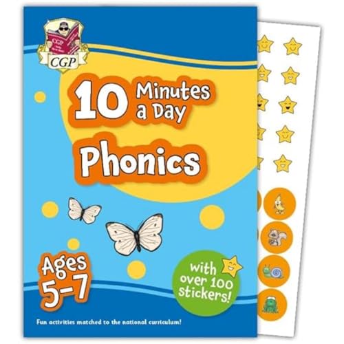 Workbook for children with phonics exercises, colorful illustrations, and reward stickers for ages 5-7.