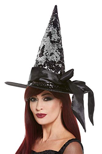 Smiffys 61125 Deluxe Reversible Sequin Witch Hat, Women, Black & Silver