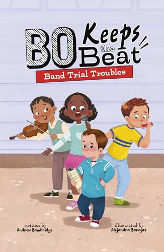 Four children playing musical instruments on the cover of the book Band Trial Troubles.