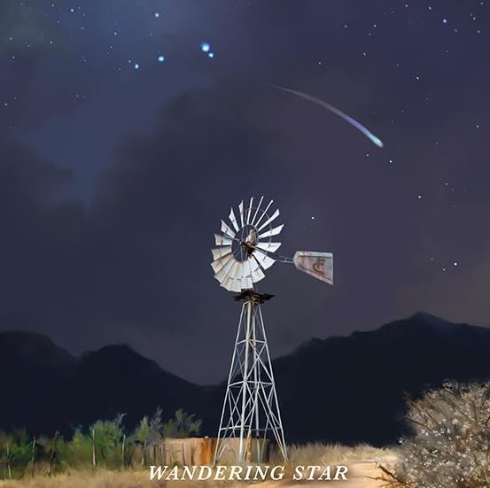 Night landscape with a windmill, a comet, and starry sky.