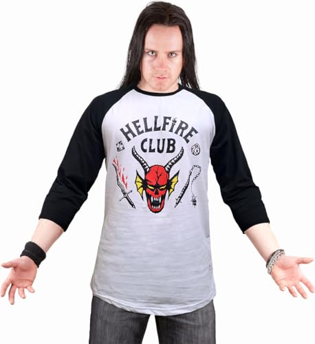 Man wearing a grey and black raglan shirt with “Hellfire Club” design.