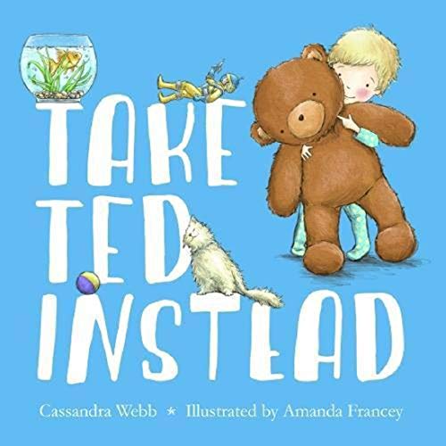 A child hugs a teddy bear on a blue background with a cat, fishbowl, and toy.
