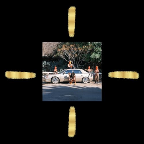 Album cover: Four figures with a classic car in a desert landscape.