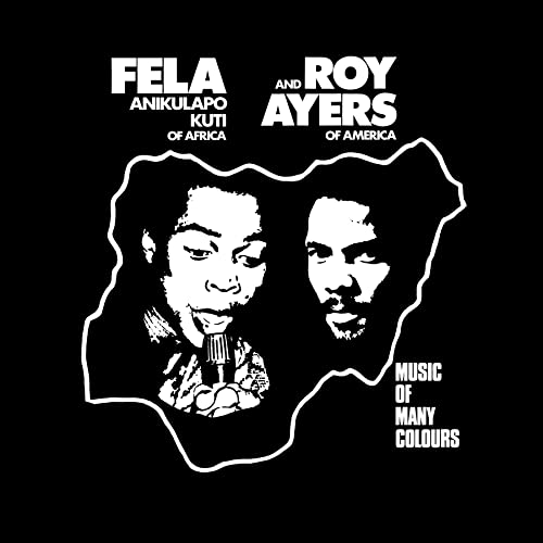 Black and white album cover featuring Fela Kuti and Roy Ayers’ portraits.