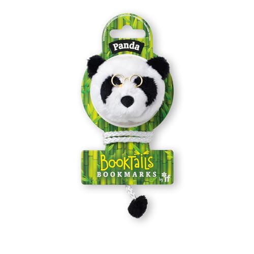 Panda face bookmark with glasses, hanging from green card packaging.