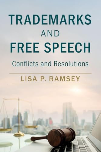 Book cover: "Trademarks and Free Speech" with scales of justice imagery.