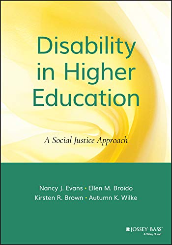 Book cover titled Disability in Higher Education with yellow abstract background and green footer.