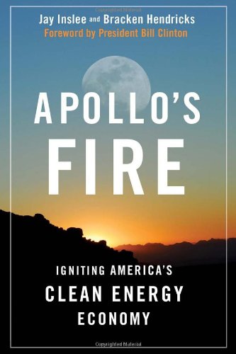 Book cover with title “Apollo’s Fire” against a sunset and mountain silhouette.