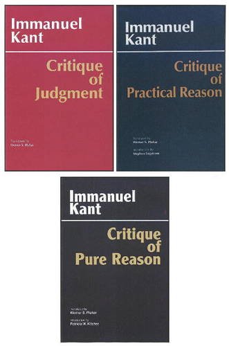 Three book covers by Immanuel Kant, red, blue, and black with gold and white text.