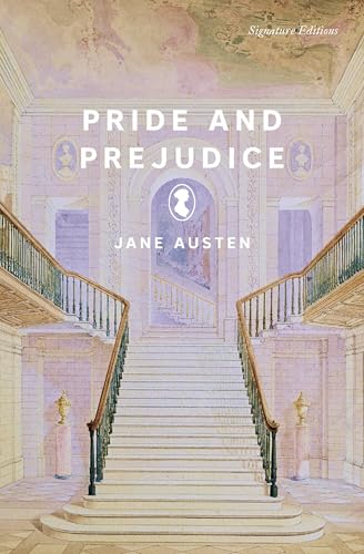 Book cover for "Pride and Prejudice" with a grand staircase scene.
