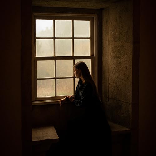 Woman sitting by a window, looking out into a foggy landscape.