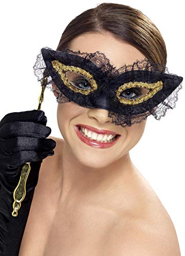 Smiffys Women's Lace Eye mask with Handle, Black and Gold, Fastidious Eye mask, One Size, 34908