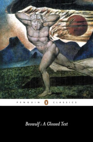Book cover of “Beowulf” featuring a muscular figure and landscape painting.