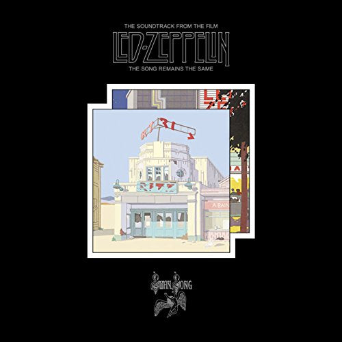 Led Zeppelin album cover: illustrated building with red lettering, black background.