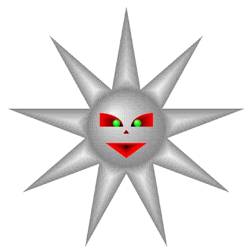 Silver star-shaped face with red eyes and mouth, digital art.