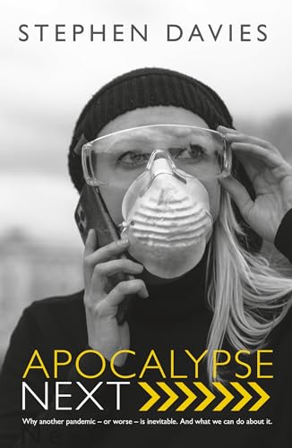 Book cover: person in mask and goggles, title “Apocalypse Next” in yellow.