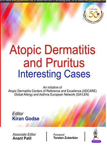 Book cover: "Atopic Dermatitis and Pruritus-Interesting Cases", red and white design.