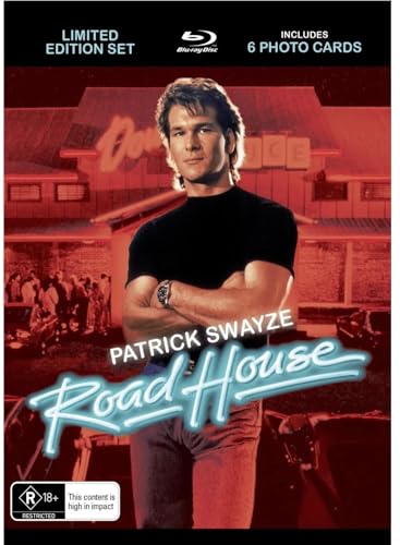 Road House Blu-ray cover featuring Patrick Swayze, with a roadside diner background.