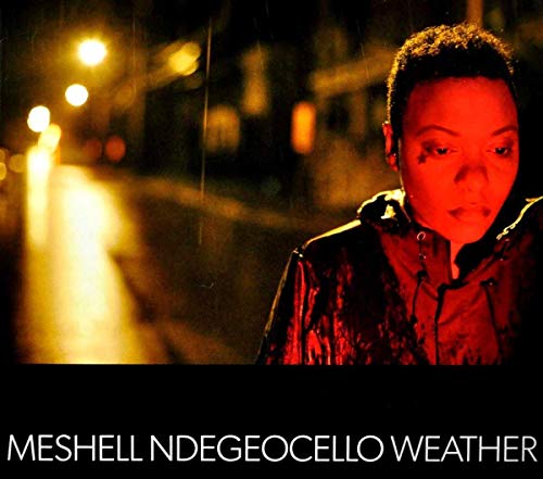 Meshell Ndegeocello portrait on "Weather" CD cover, rainy city background.