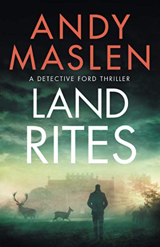 Book cover: "Land Rites" with a shadowy manor and deer in mist.