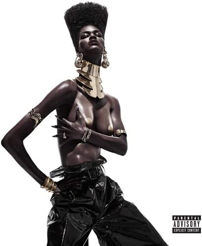 Teyana Taylor album cover, dramatic pose, gold jewelry, black clothing.