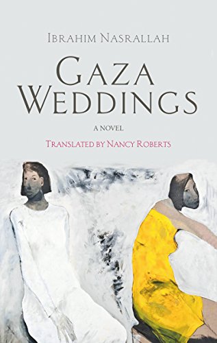 Book cover: “Gaza Weddings” with abstract figures in white and yellow.