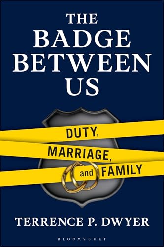 Book cover: “The Badge Between Us” with a police badge and wedding rings.