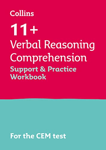 Red workbook cover with white text: "11+ Verbal Reasoning Comprehension" and "CEM test".