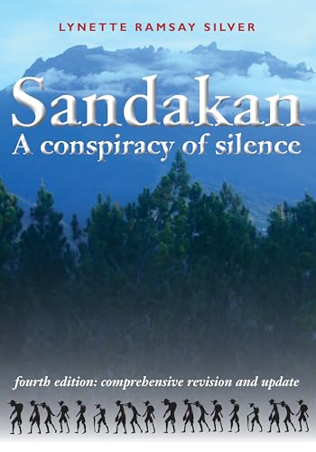 Book cover with mountain, trees, and silhouettes of people walking, titled Sandakan.