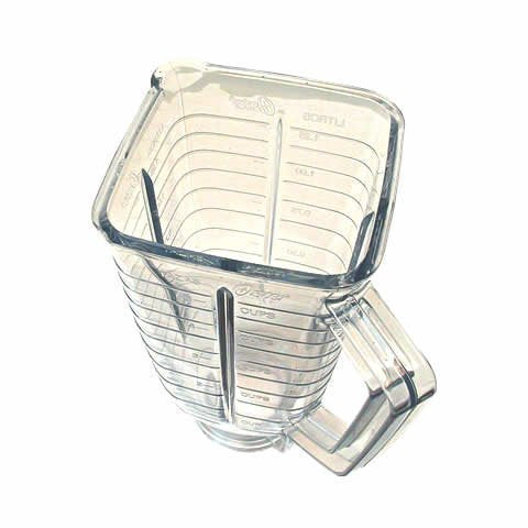 Clear, square blender jar with measurement markings and a handle.