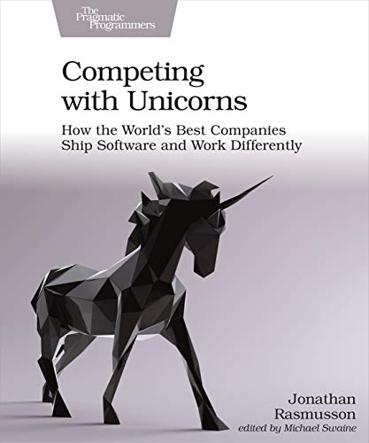 Book cover: “Competing with Unicorns” featuring a polygonal unicorn illustration.