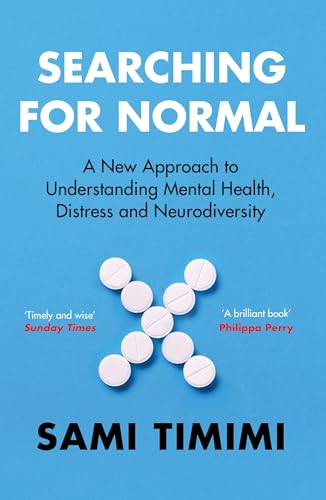 Book cover: "Searching for Normal" with pills arranged in an 'X' shape.