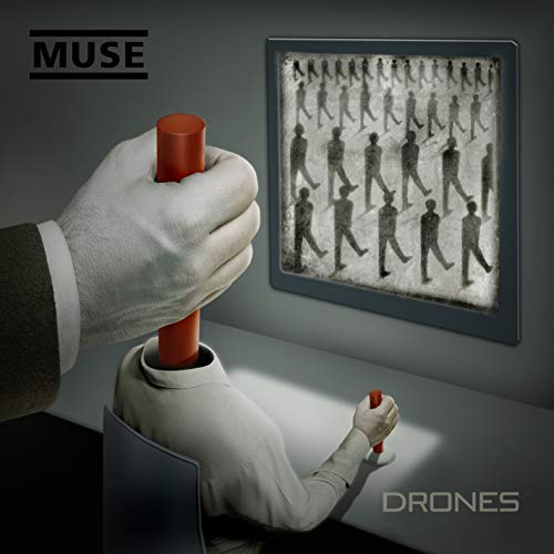Muse “Drones” album cover: a hand controlling a figure with a red plug.