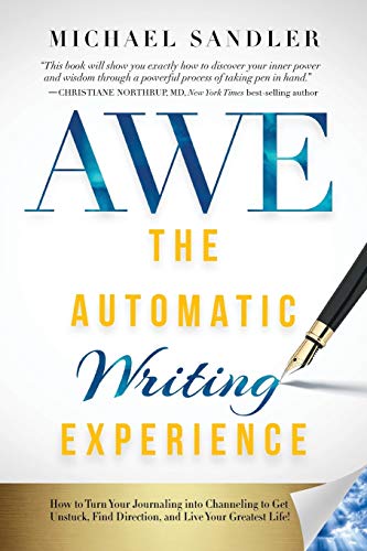 Book cover with large blue "AWE" letters and a gold pen nib.