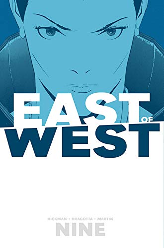 East of West Volume 9" cover: close-up of a woman with intense gaze.
