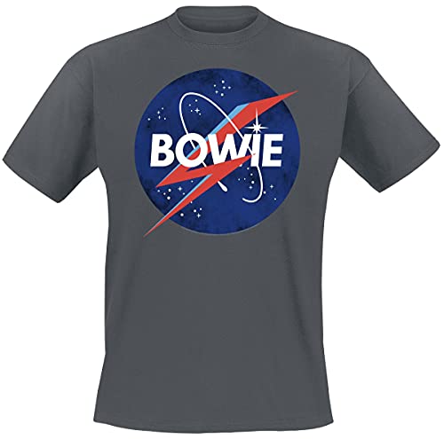 Charcoal grey t-shirt featuring a circular Bowie logo with a red lightning bolt design.