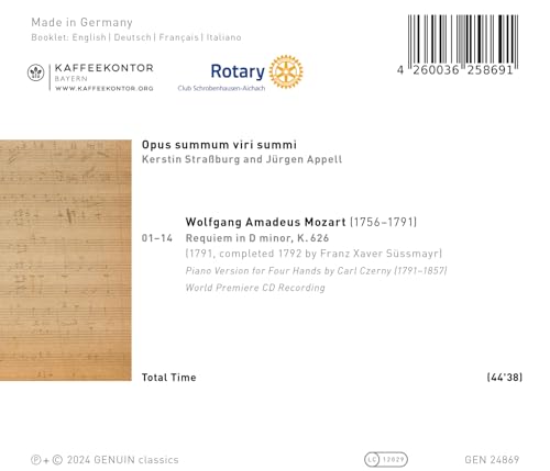 Strasburg/appel - Opus summum viri summi - Wolfgang Amadeus Mozart: Requiem K. 626 (Piano Version for four hands by Carl Czerny) [CD]