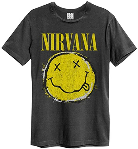 Amplified Nirvana Worn Out Smiley Unisex Charcoal T Shirt, XL, Charcoal