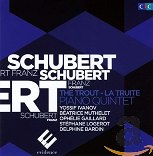 CD cover for Schubert’s “The Trout” Piano Quintet, featuring white text on dark blue.