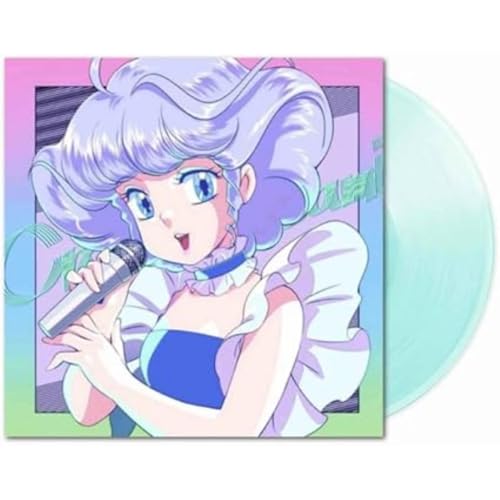 Anime girl with microphone and translucent blue vinyl record.