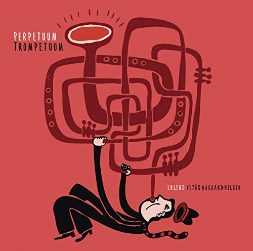 Red album cover with illustrated trombone, man, and complex piping.